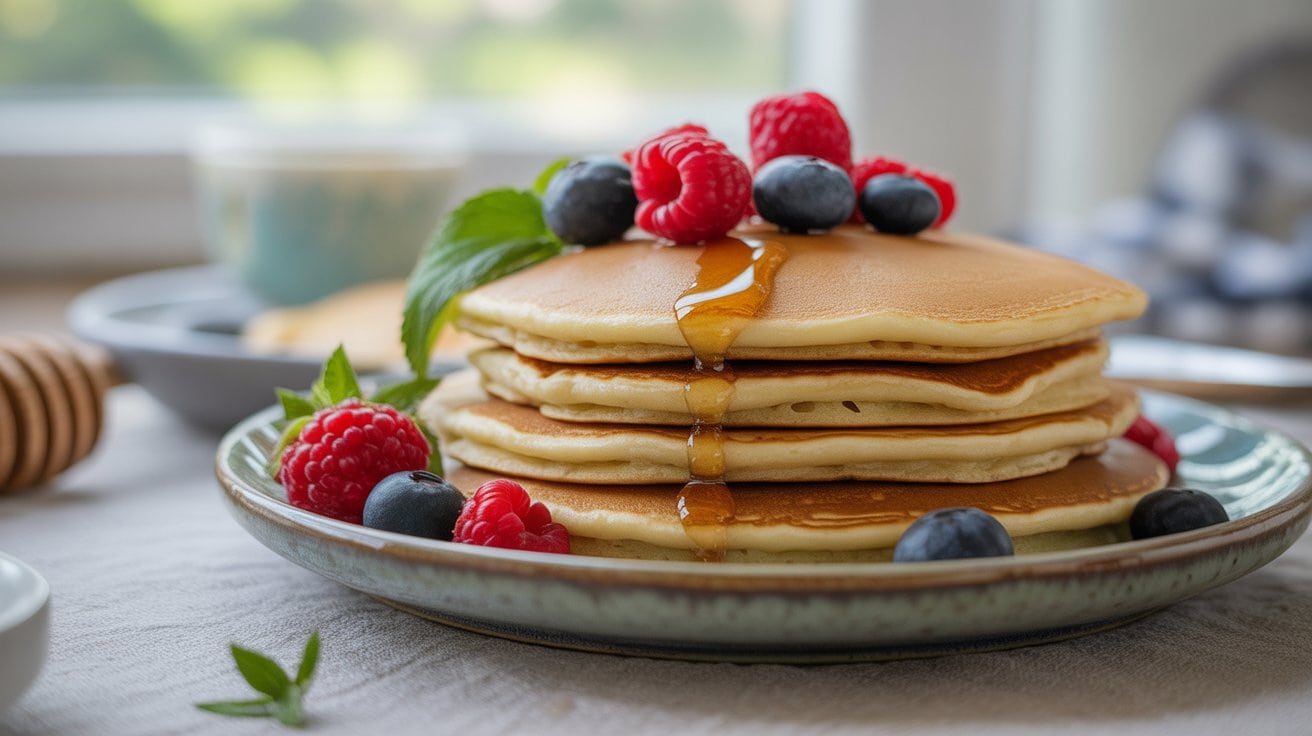 A stack of fluffy, protein-rich pancakes topped with fresh raspberries, blueberries, and a drizzle of syrup, served on a plate with a mint leaf garnish—perfect inspiration for healthy pancake recipes. A blurred cup and honey dipper are in the background.