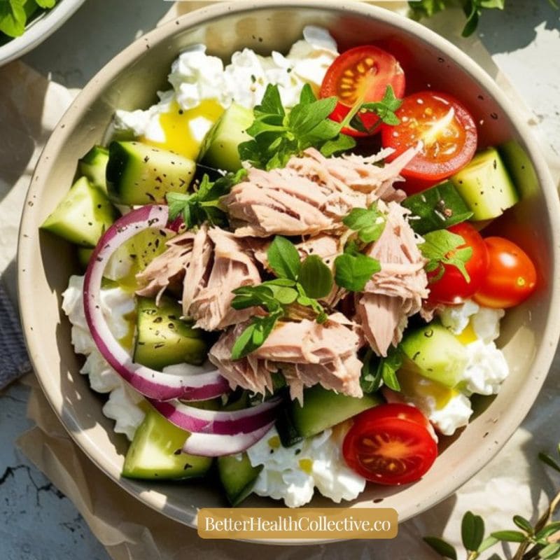 A vibrant cottage cheese bowl featuring cherry tomatoes, cucumber, red onion slices, and a hearty portion of tuna, all garnished with fresh herbs. The wellnestguide.com logo appears at the bottom.
