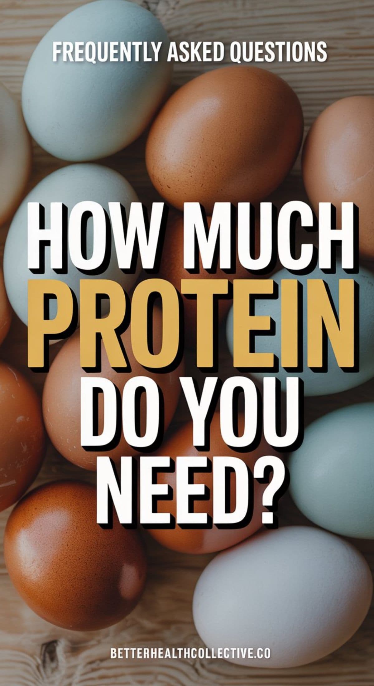 A variety of brown and white eggs are scattered on a surface. Overlaid text reads: “Frequently Asked Questions. How Much Protein Should You Eat? wellnestguide.com”.