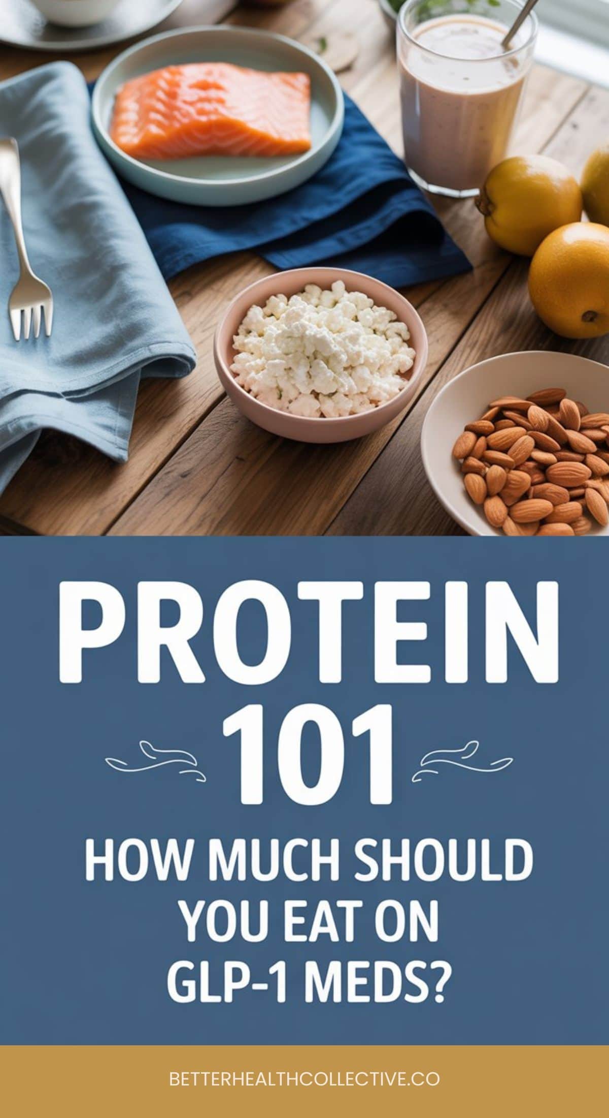 A table with salmon, cottage cheese, almonds, pears, and a smoothie sits beside text reading “How Much Protein Should You Eat on GLP-1 meds? Protein 101 at wellnestguide.com.”.