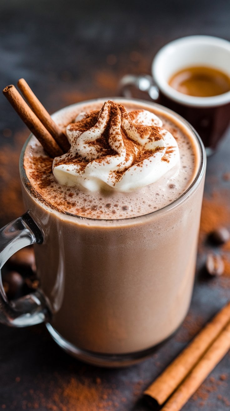 A glass mug of frothy mocha, much like the best protein shake recipes in richness, is topped with whipped cream, cinnamon, and cocoa powder. Two cinnamon sticks rest stylishly on top. In the background, a small cup of espresso enhances the cozy coffee shop vibe.
