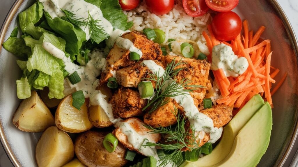 A bowl filled with grilled chicken, rice, cherry tomatoes, shredded carrots, lettuce, potato wedges, avocado slices, and creamy herb dressing is garnished with green onions and dill—perfect inspiration for wholesome cottage cheese bowls.