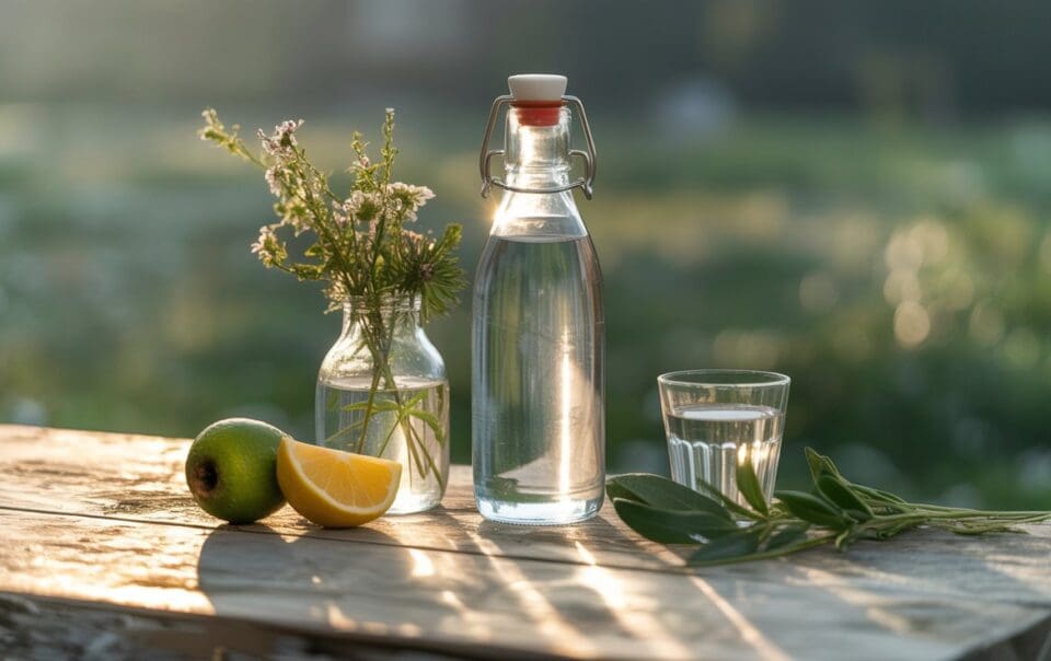 A clear glass bottle and a glass of water sit on a wooden table outdoors, alongside a lemon wedge, a green pear, and wildflowers—an inviting scene that’s perfect for refreshing yourself if you notice signs that you are dehydrated.
