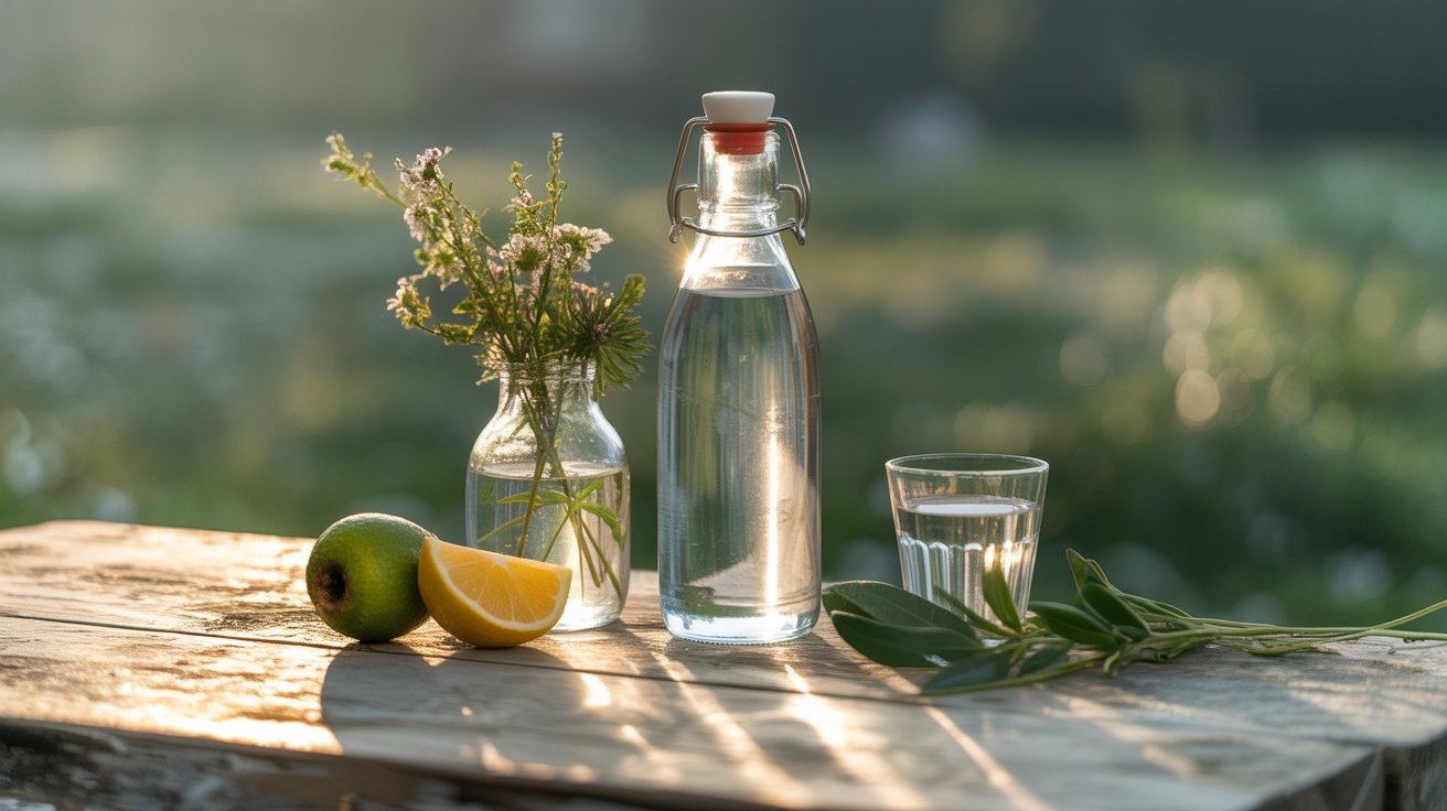 A clear glass bottle and a glass of water sit on a wooden table outdoors, alongside a lemon wedge, a green pear, and wildflowers—an inviting scene that’s perfect for refreshing yourself if you notice signs that you are dehydrated.