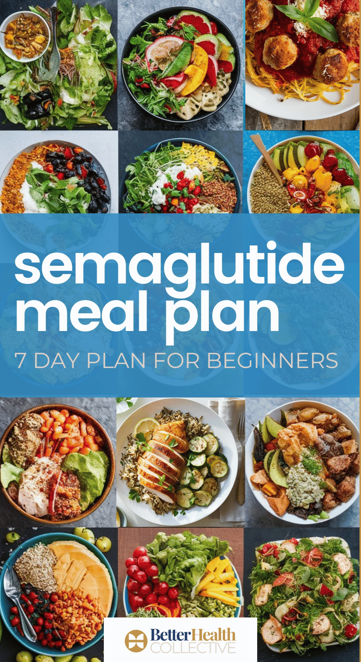 A collage of colorful, healthy meals surrounds bold text reading “semaglutide meal plans 7 day plan for beginners” from WellNest Guide. Meals feature salads, pasta, grains, and lean proteins.