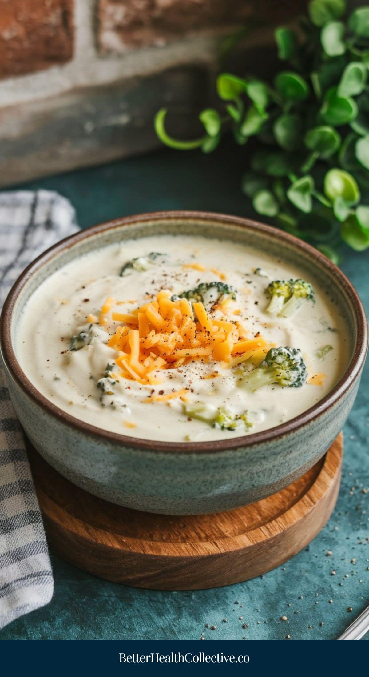 A bowl of creamy broccoli and cheese soup—perfect for those seeking vegetarian soup recipes—topped with shredded cheddar and black pepper, sits on a wooden coaster beside a checkered napkin and a green plant.