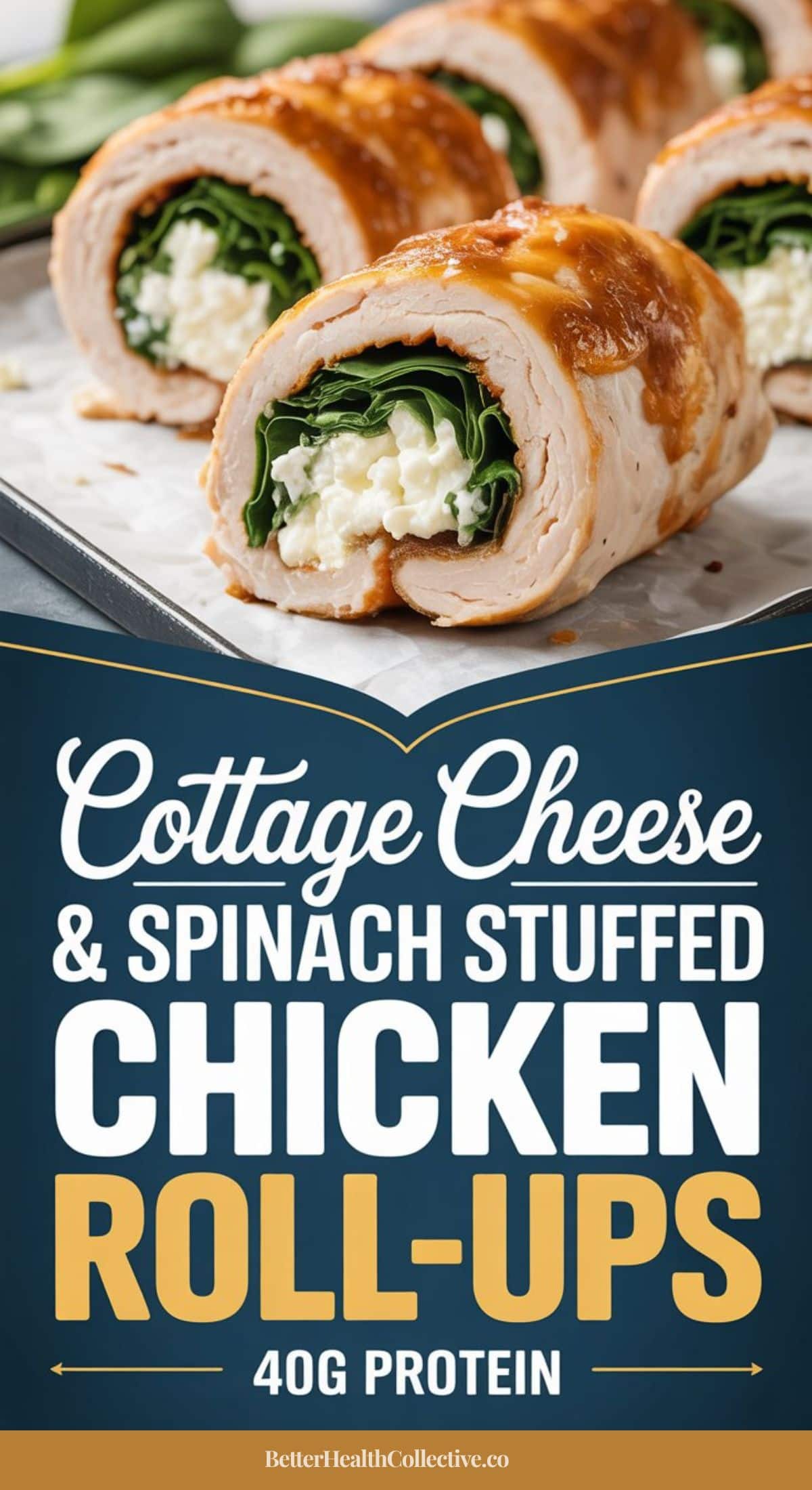Cottage Cheese and Spinach Stuffed Chicken Roll-Ups on a tray, packed with 40g protein. Text: “Cottage Cheese & Spinach Stuffed Chicken Roll-Ups, 40g Protein, wellnestguide.com.”.