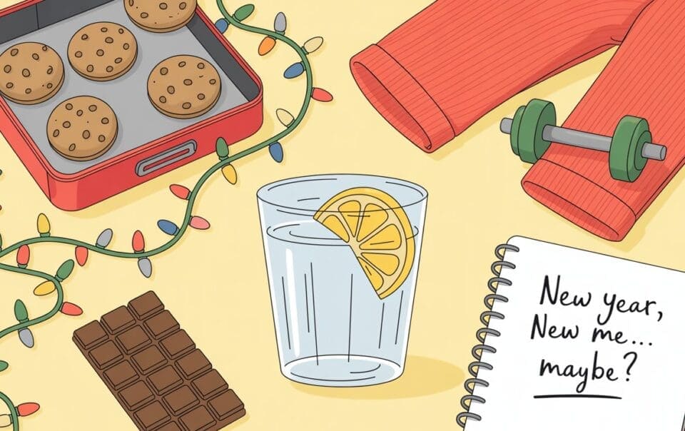 A glass of water with lemon, a chocolate bar, cookies, Christmas lights, workout pants, a dumbbell, and a notepad reading New year, New me… maybe? capture how to reset your routine on a light background.