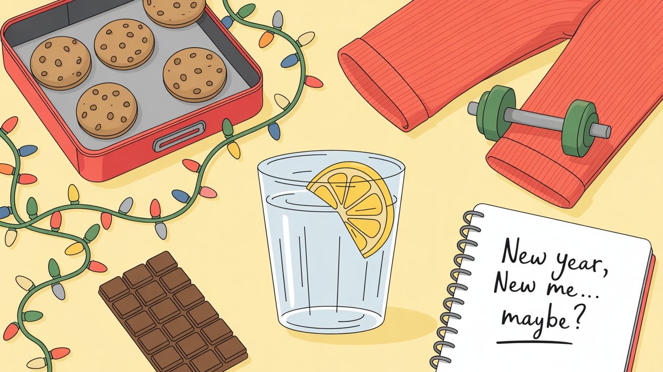 A glass of water with lemon, a chocolate bar, cookies, Christmas lights, workout pants, a dumbbell, and a notepad reading New year, New me… maybe? capture how to reset your routine on a light background.