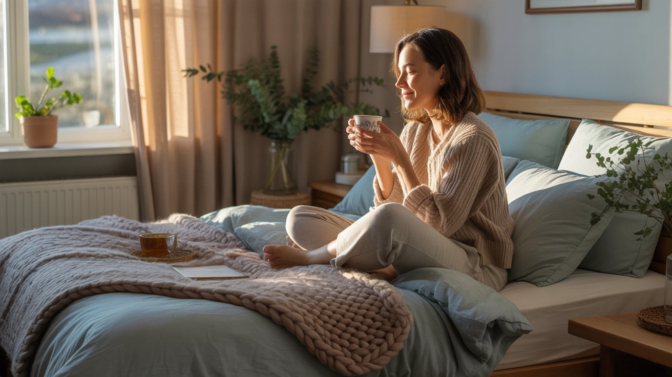 A woman sits cross-legged on a cozy, sunlit bed, holding a mug and smiling as she reflects on her new year resolutions. The room is adorned with plants and soft blankets, creating a warm, relaxing atmosphere. A book and another cup rest nearby on the bed.