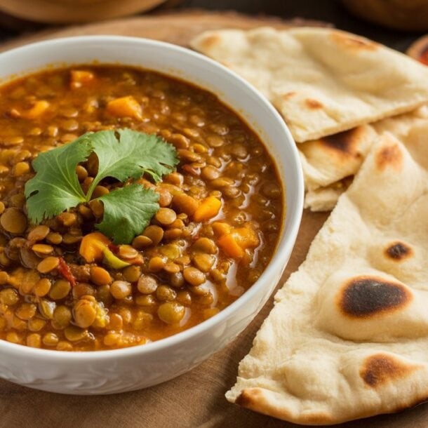 A bowl of Vegan Lentil Curry Soup garnished with cilantro is served on a wooden board with two pieces of naan bread on the side.