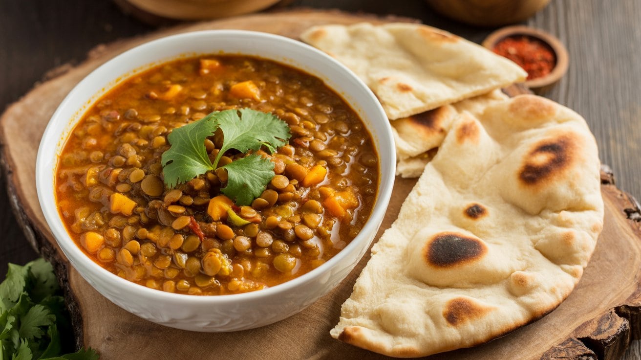 A bowl of Vegan Lentil Curry Soup garnished with cilantro is served on a wooden board with two pieces of naan bread on the side.