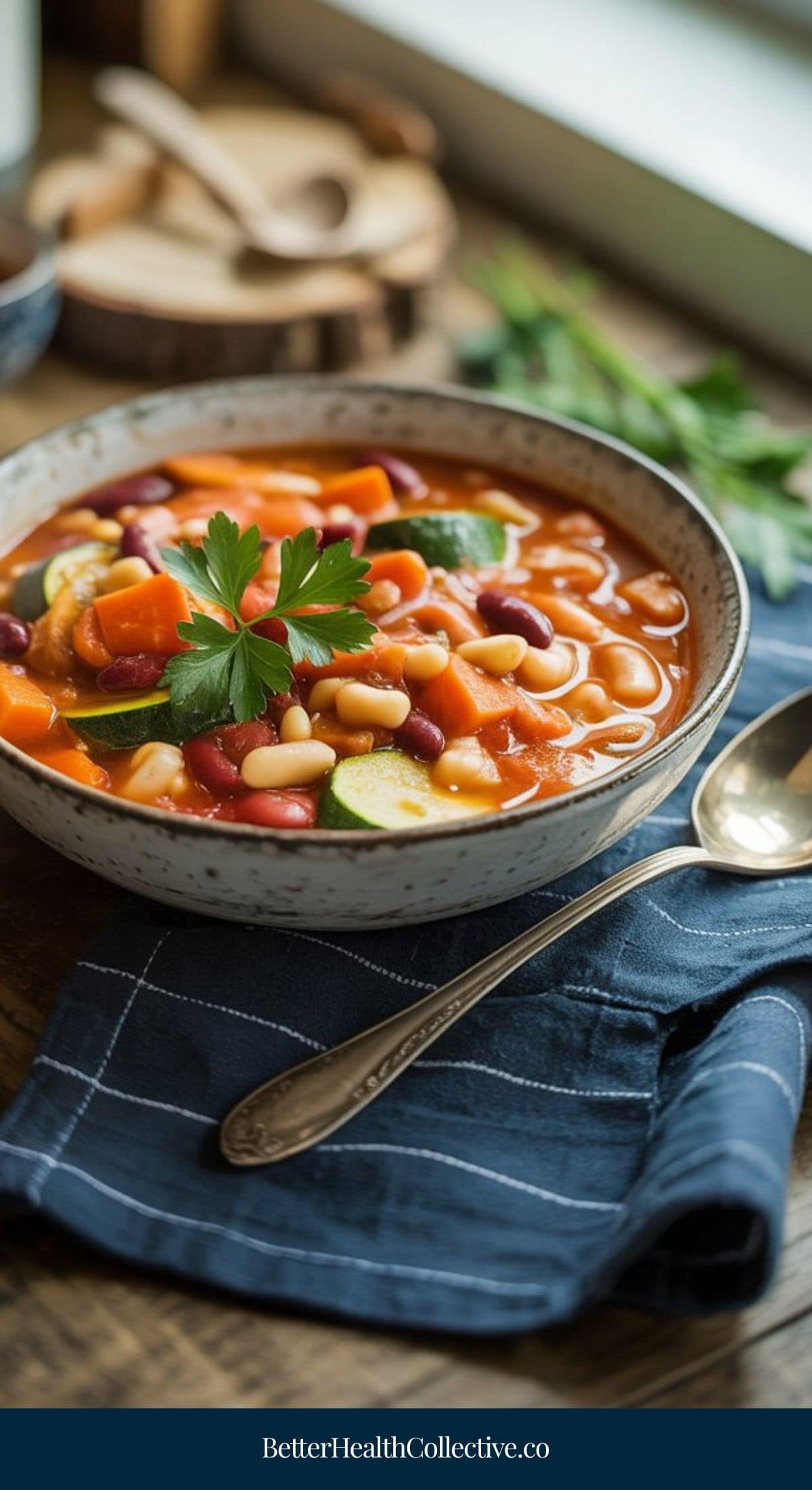 A bowl of vegetable and bean soup with carrots, zucchini, kidney beans, and white beans, garnished with parsley. Perfect for those seeking vegetarian soup recipes, the bowl sits on a blue napkin beside a spoon on a wooden table.