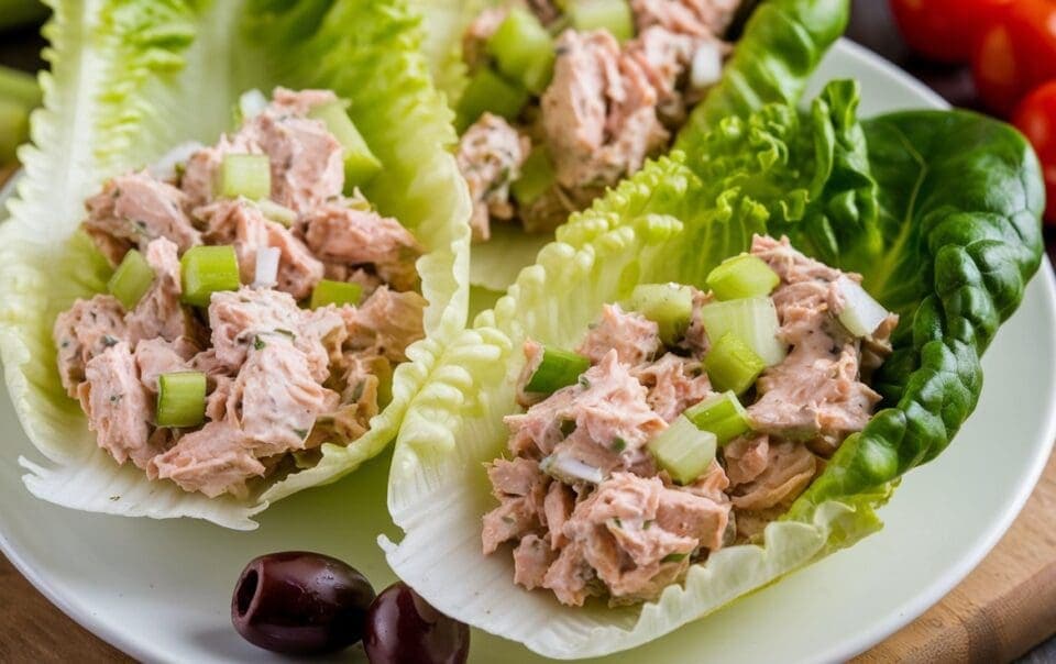 Three lettuce wraps on a white plate filled with a creamy chicken salad mixture, reminiscent of tuna salad lettuce cups, garnished with chopped celery and onions. The plate rests on a wooden board, accompanied by two black olives and cherry tomatoes in the background.