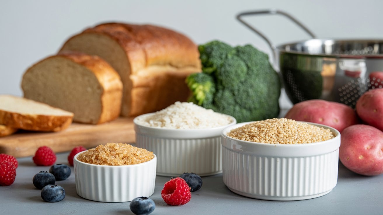 Sliced bread, broccoli, and red potatoes sit near a colander; bowls of brown sugar, white rice, and oats—examples of the best carbohydrates—are surrounded by raspberries and blueberries on a gray surface.