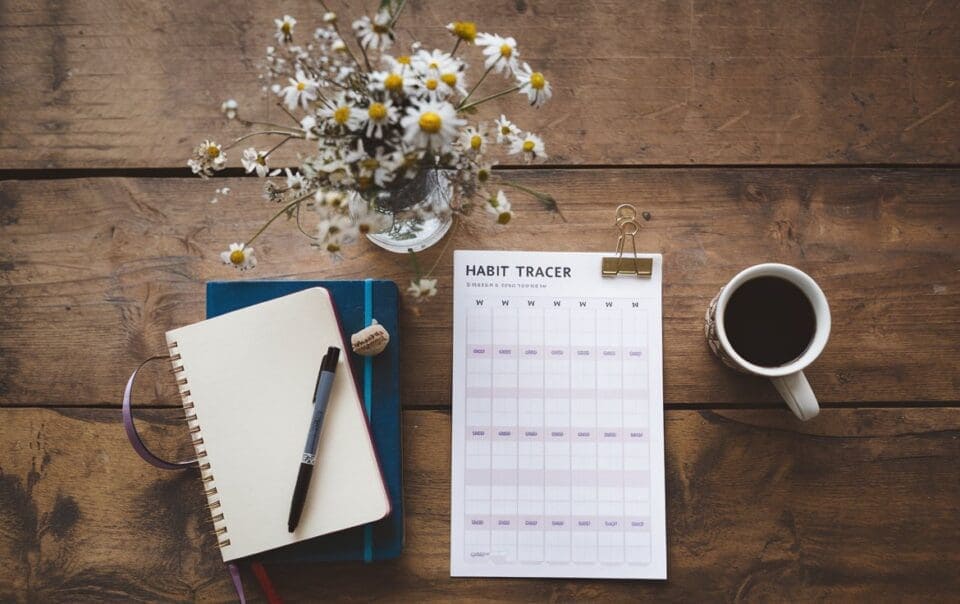A habit tracker on a wood table. Person is focused on Building Good Habits and Beating Bad Ones
