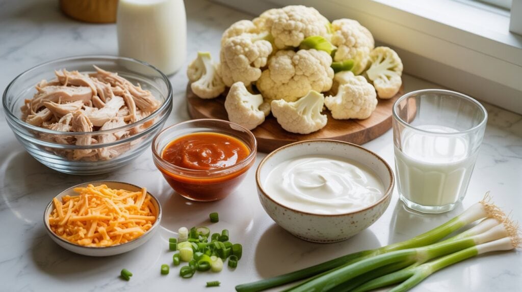 A variety of fresh ingredients on a kitchen counter, perfect for Buffalo Chicken and Cauliflower Mac & Cheese, including shredded chicken, cauliflower florets, shredded cheese, sliced green onions, sour cream, salsa, milk, and a bunch of green onions.