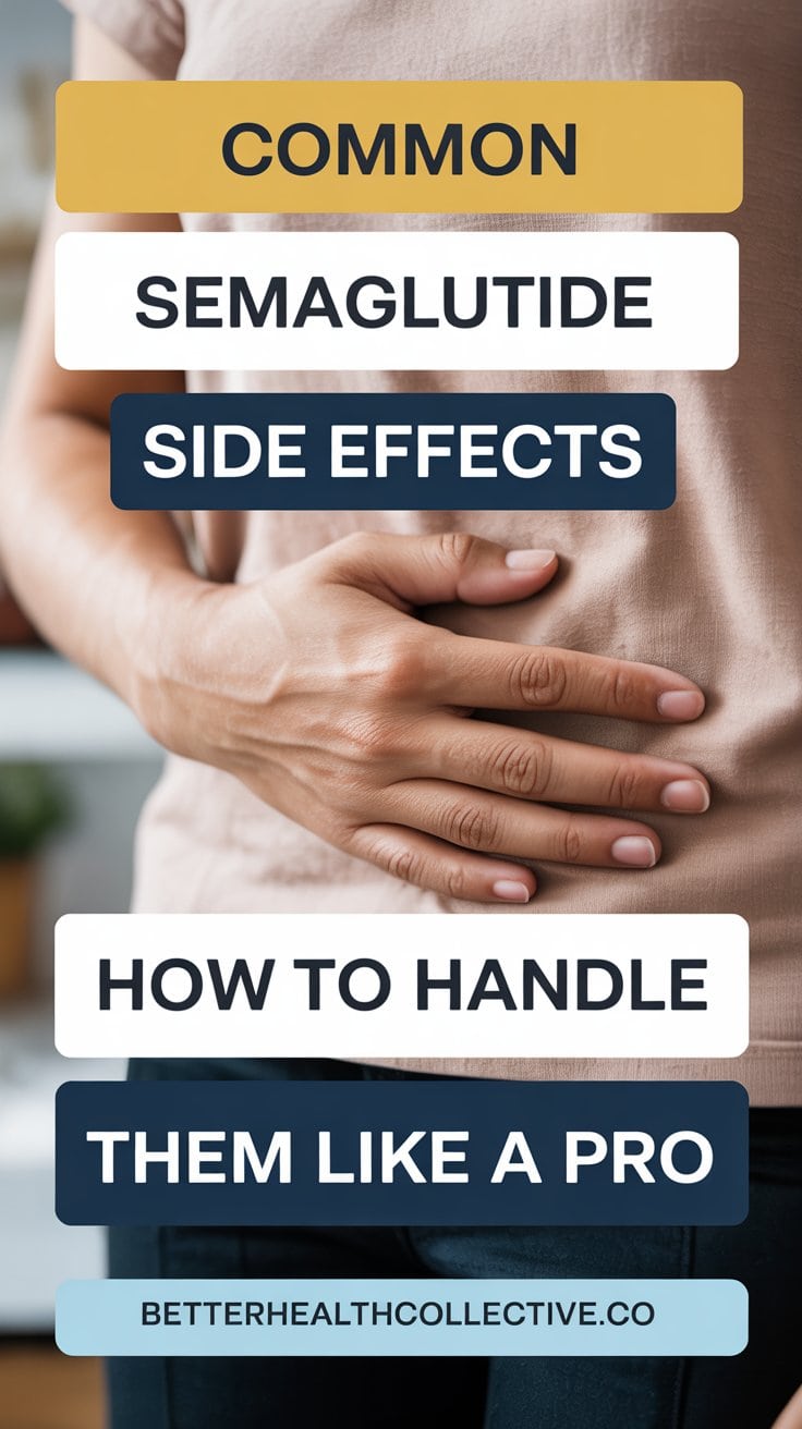 A person holds their stomach, with overlaid text: Common semaglutide side effects—how to handle them like a pro. wellnestguide.com.