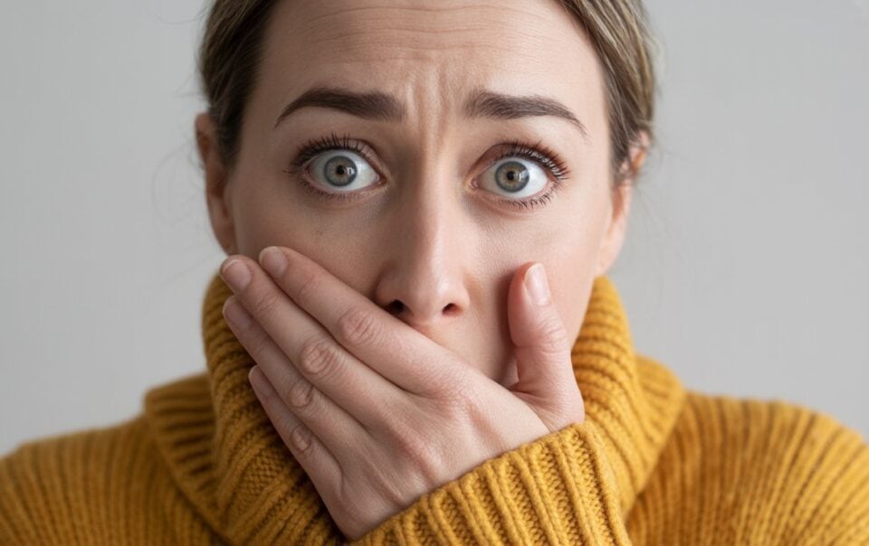 A person wearing a mustard yellow sweater looks wide-eyed with concern or shock, covering their mouth with both hands—perhaps reacting to surprising news about losing weight on Zepbound—against a plain gray background.
