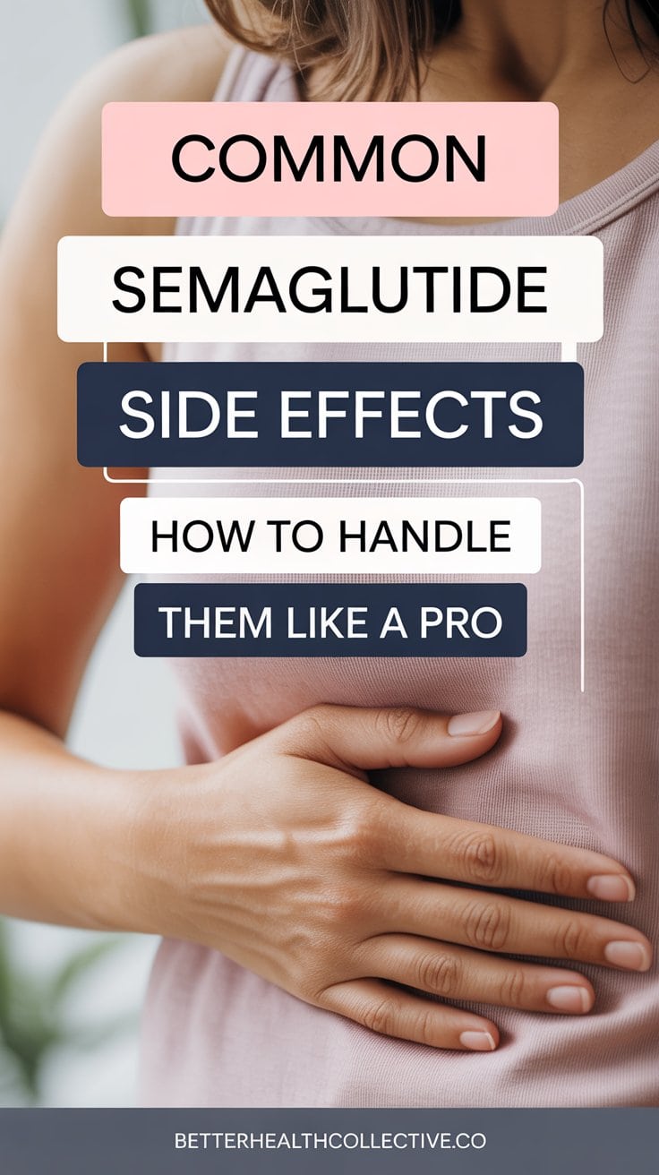 A woman in a pink tank top holds her stomach, with text overlay: “Common Semaglutide Side Effects: How to Handle Them Like a Pro.” Learn about managing semaglutide side effects at wellnestguide.com.