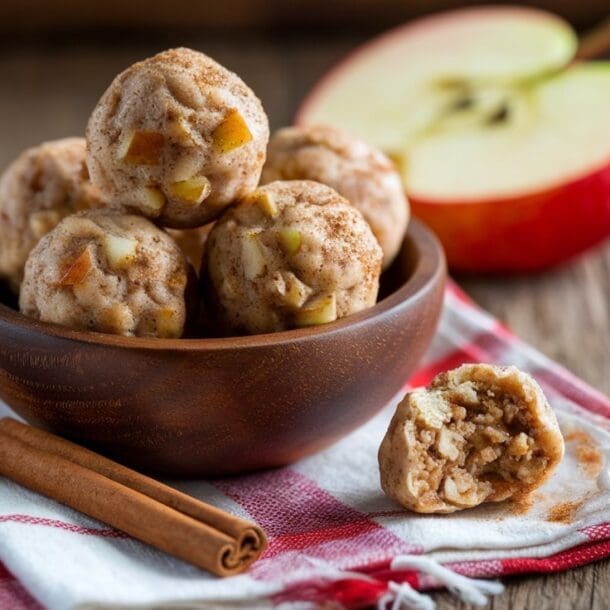 A wooden bowl filled with apple cinnamon protein balls sits on a red and white cloth. Beside it are an apple half and cinnamon sticks. One protein ball is partially eaten, revealing nuts and apple bits inside. All items rest on a rustic wooden surface.