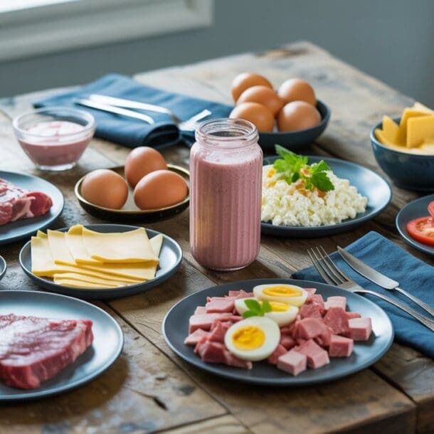A wooden table set with plates of steak, hard-boiled eggs, sliced cheese, ham cubes, fresh vegetables, cottage cheese—delicious sources of protein for weight loss—plus a jar of pink smoothie and bowls of eggs and cheese, with napkins and cutlery nearby.