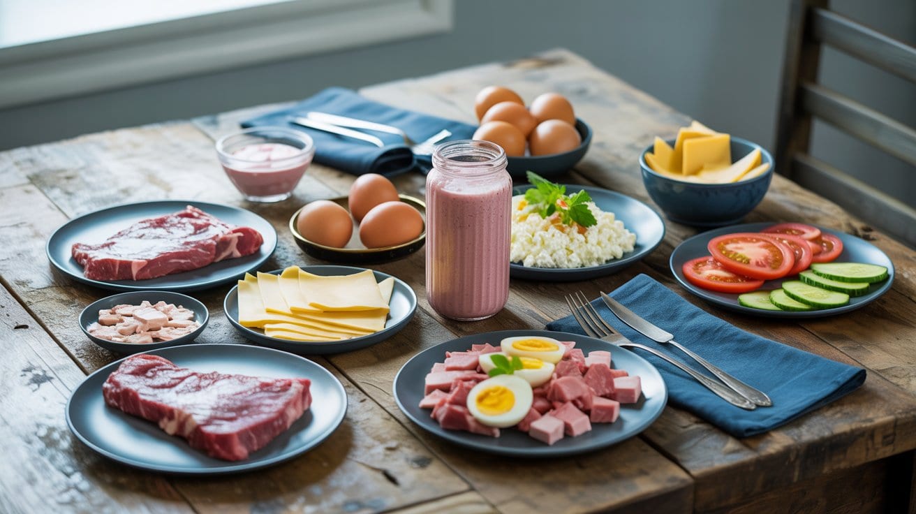 A wooden table set with plates of steak, hard-boiled eggs, sliced cheese, ham cubes, fresh vegetables, cottage cheese—delicious sources of protein for weight loss—plus a jar of pink smoothie and bowls of eggs and cheese, with napkins and cutlery nearby.