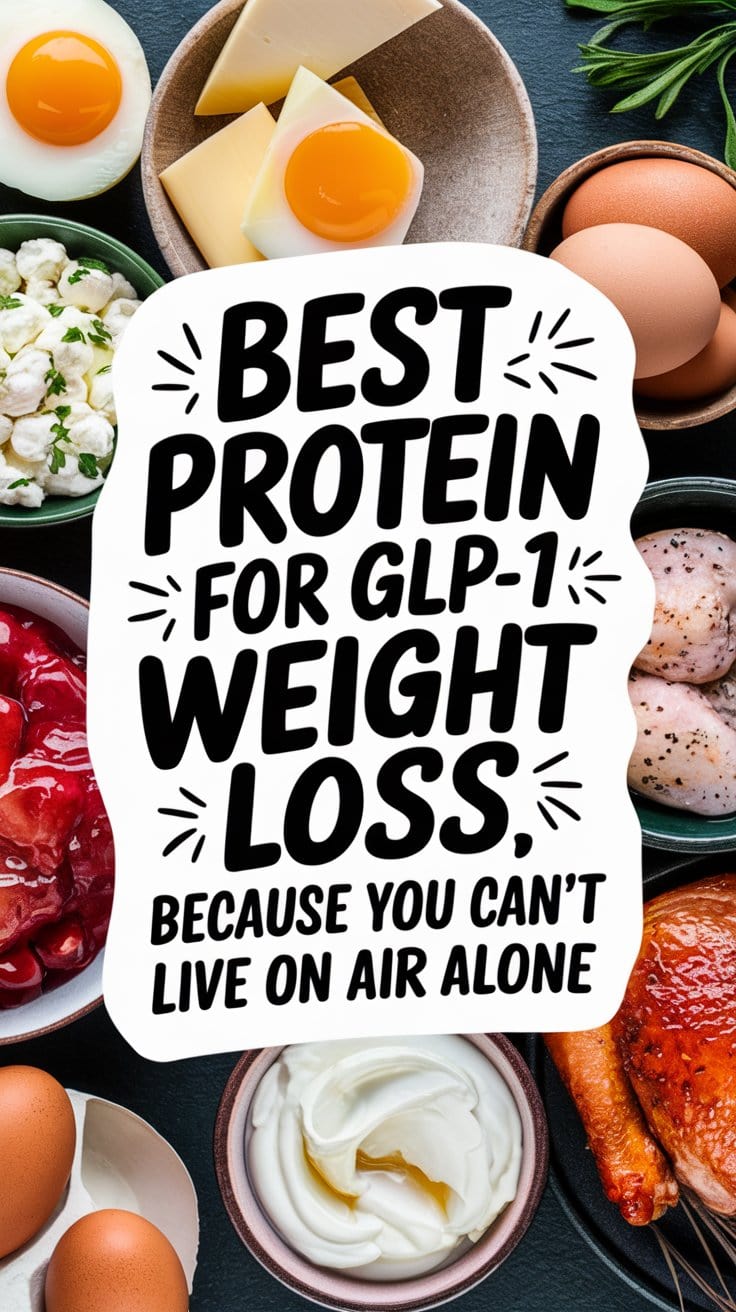 Assorted protein-rich foods, including eggs, cheese, meat, and beans, are displayed around bold text stating, Best Protein Sources for GLP-1 Weight Loss because you cant live on air alone.