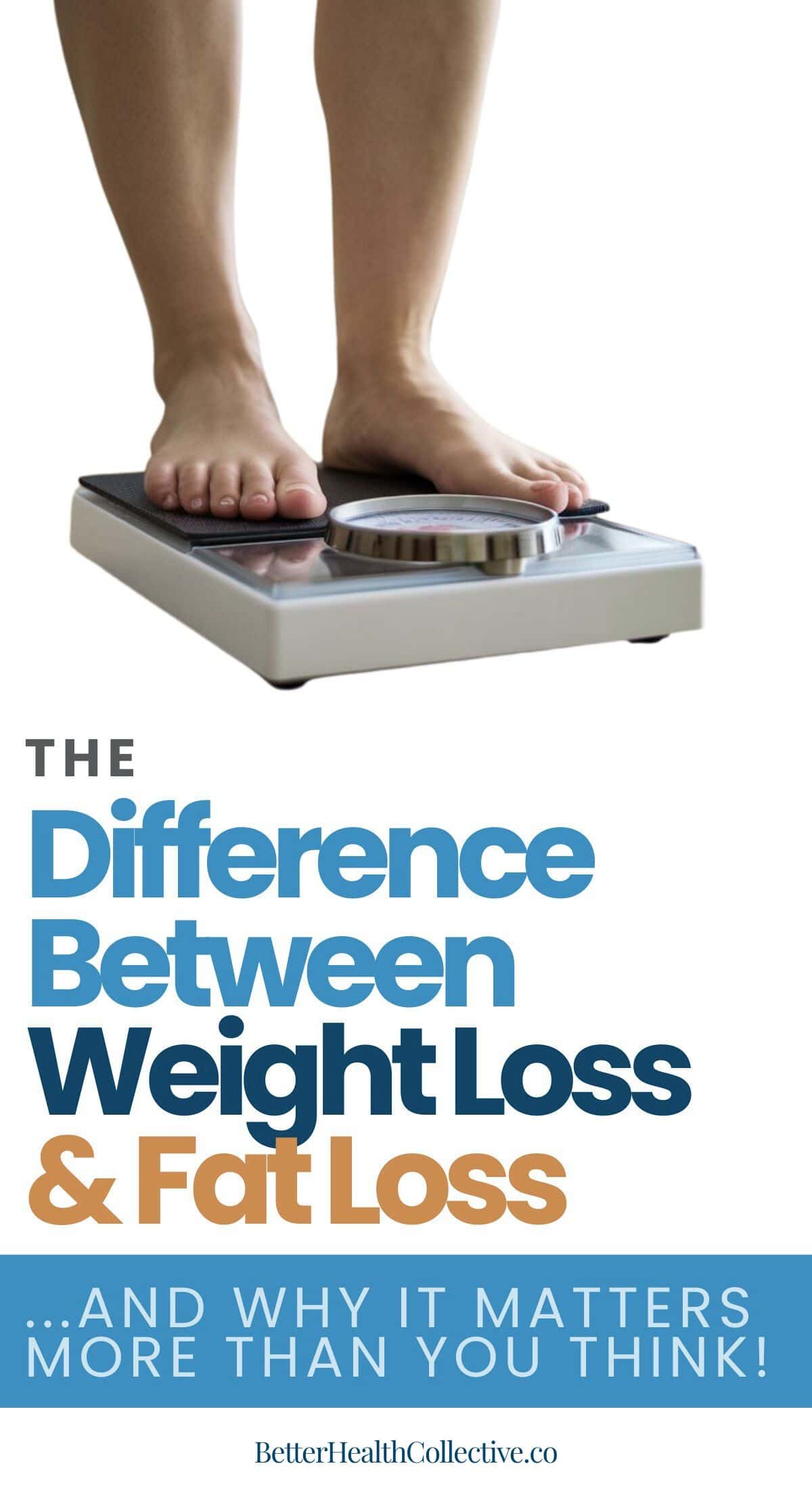 A person stands barefoot on a scale. The text below reads: The Difference Between Weight Loss & Fat Loss... And Why Understanding True Fat Loss Matters More Than You Think! wellnestguide.com.