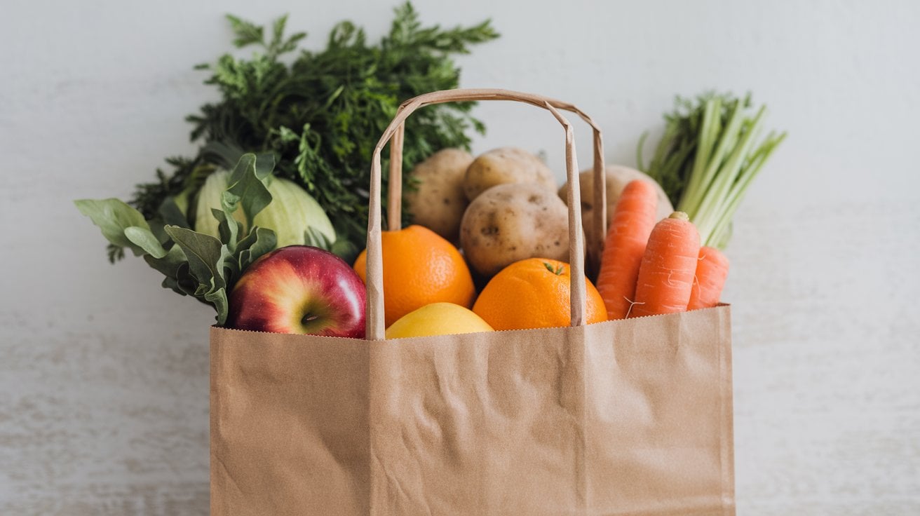 A brown paper grocery bag filled with fresh fruits and vegetables—like apples, oranges, lemons, carrots, potatoes, cabbage, and leafy greens—makes the perfect GLP-1 Shopping List against a light background.