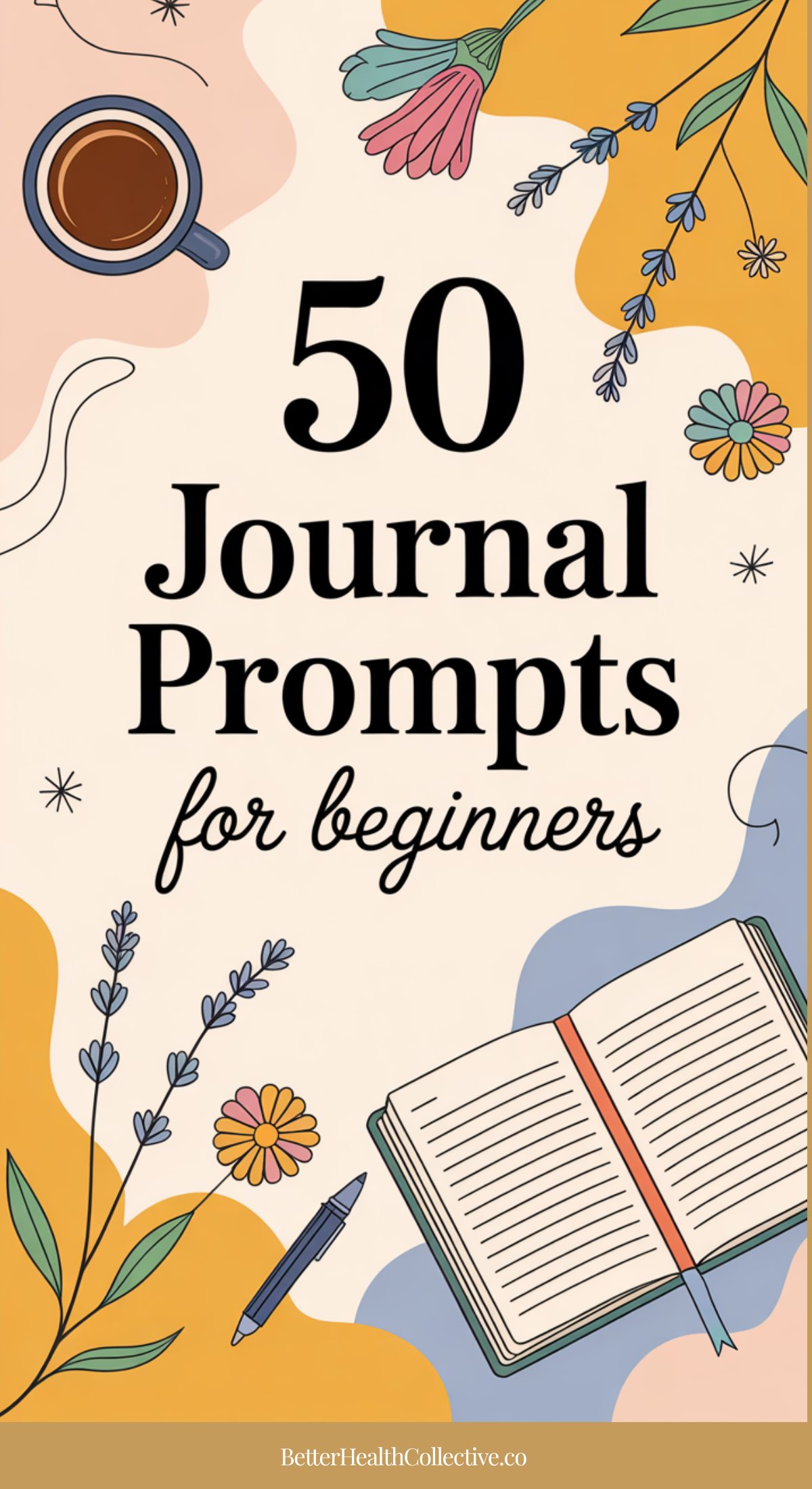 An illustrated cover with flowers, a coffee cup, and an open journal, featuring the text: 50 Easy Journal Prompts for beginners. The website wellnestguide.com is at the bottom.