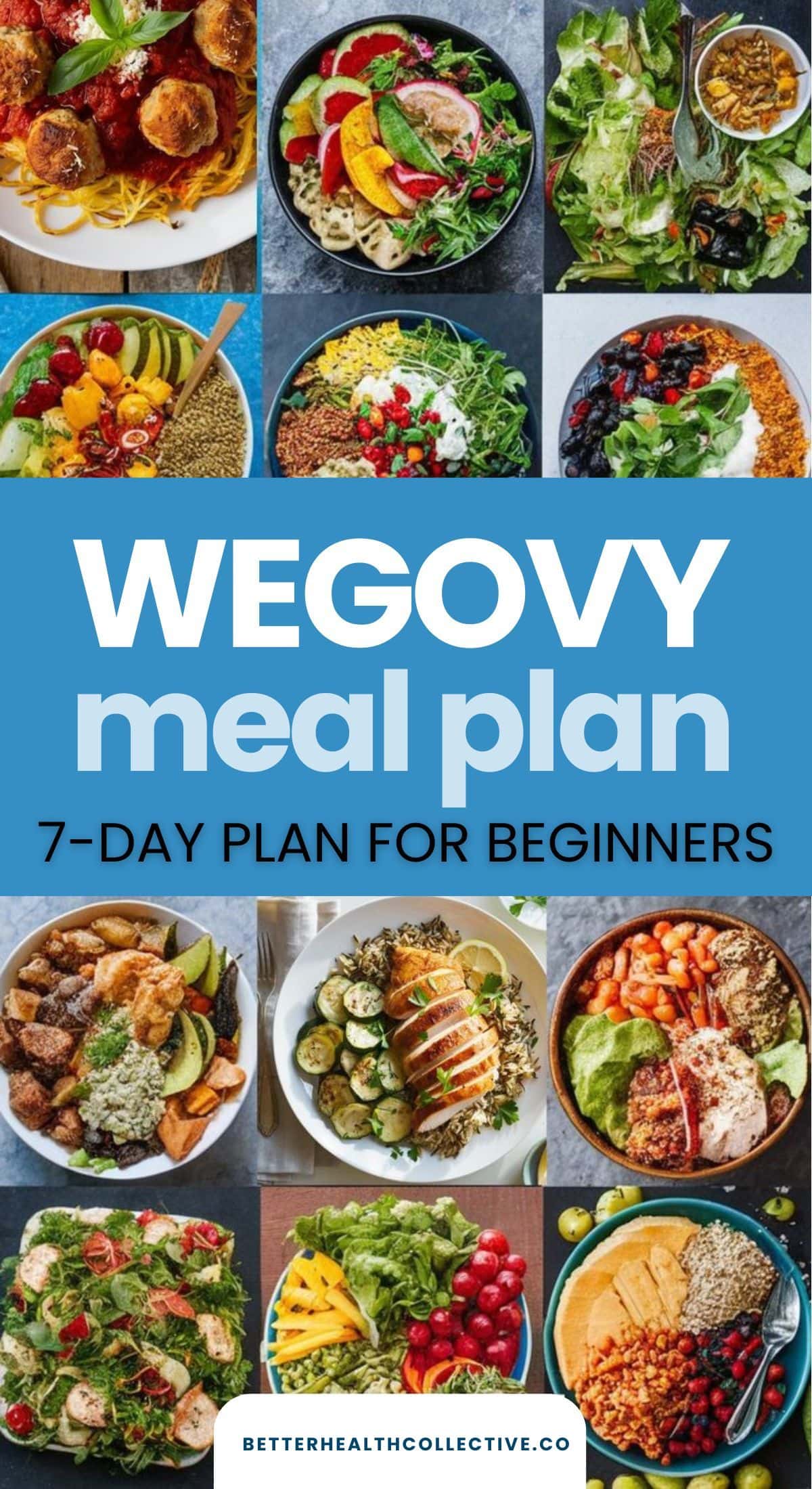 A collage of colorful, healthy meals in bowls surrounds the text: Wegovy meal plan for beginners—7-day guide. Salads, grains, proteins, and vegetables are featured. The website wellnestguide.com is shown.