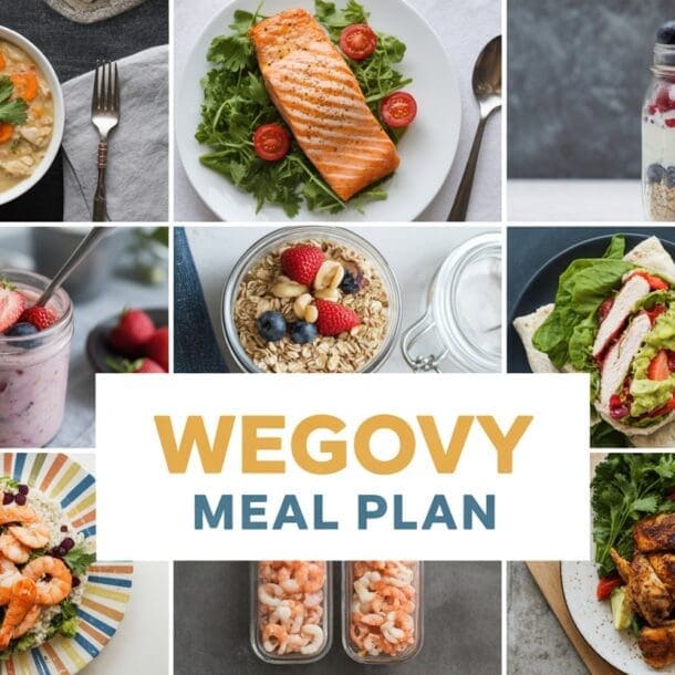 A collage of healthy meals, like soup, grilled salmon, parfaits, smoothie, oats, shrimp dishes, chicken, and a veggie wrap surrounds bold “Wegovy Meal Plan” text—perfect for inspiring your own wegovy meal plan.