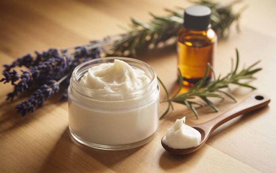 A glass jar filled with creamy white DIY Whipped Tallow sits next to a wooden spoon with lotion, a small amber bottle, sprigs of rosemary, and lavender flowers on a wooden surface.