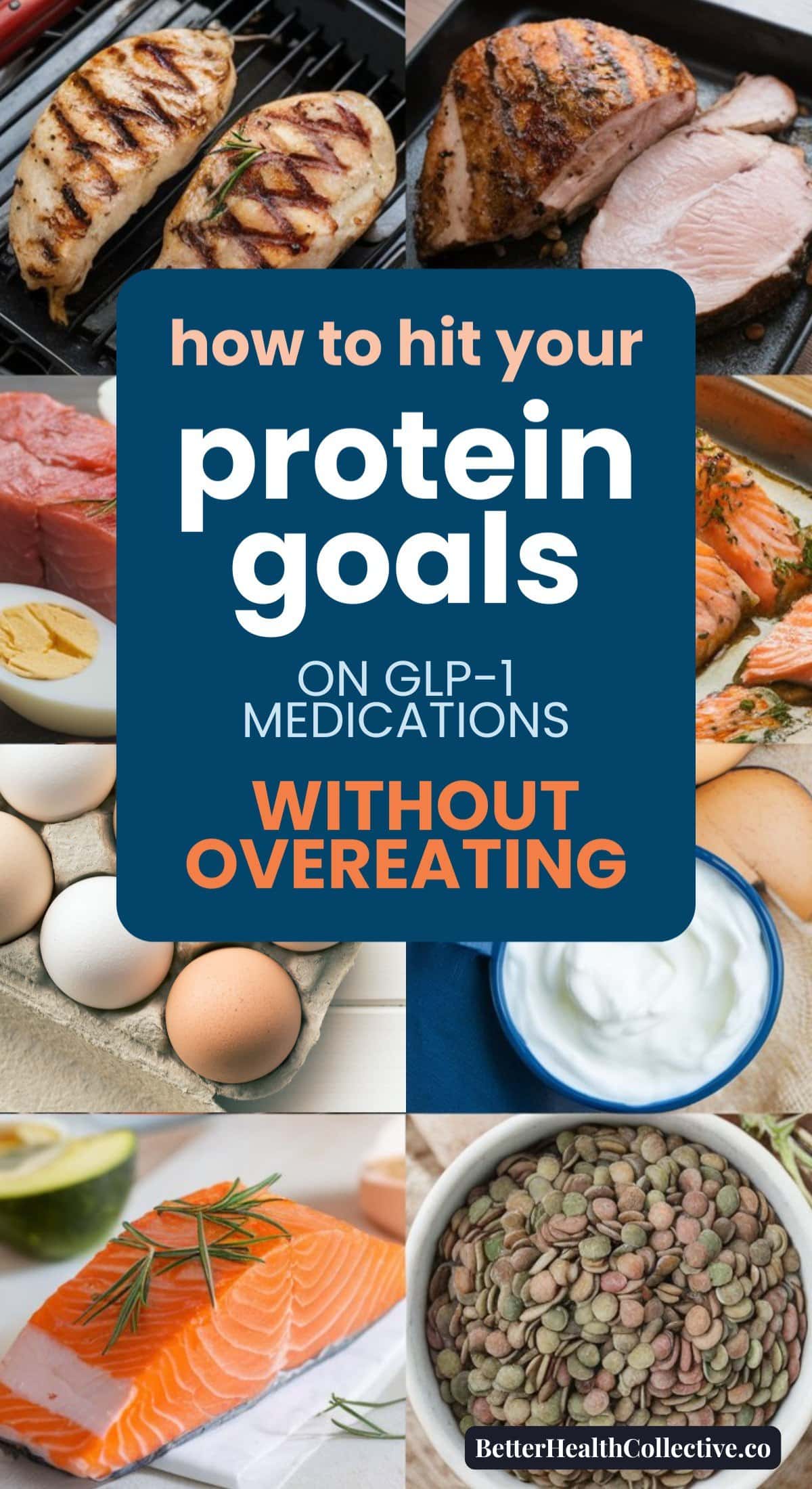 A collage of high-protein foods—grilled chicken, roast pork, steak, eggs, Greek yogurt, salmon, and lentils—with text: How to reach your protein goals on GLP-1 medications without overeating.