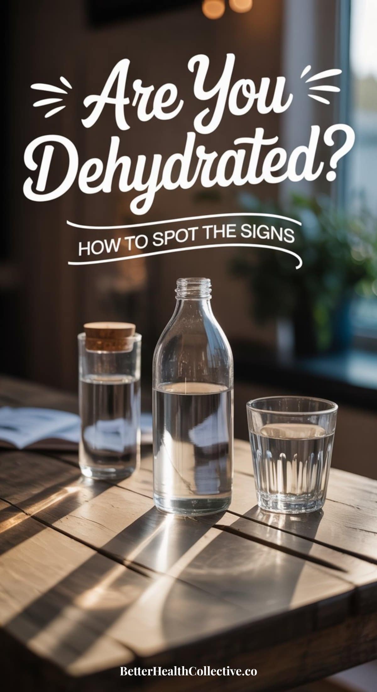 A glass bottle, a glass, and a jar of water sit on a sunlit wooden table. Overhead text reads Are You Dehydrated? Spot dehydration symptoms like dry mouth. Website: wellnestguide.com.