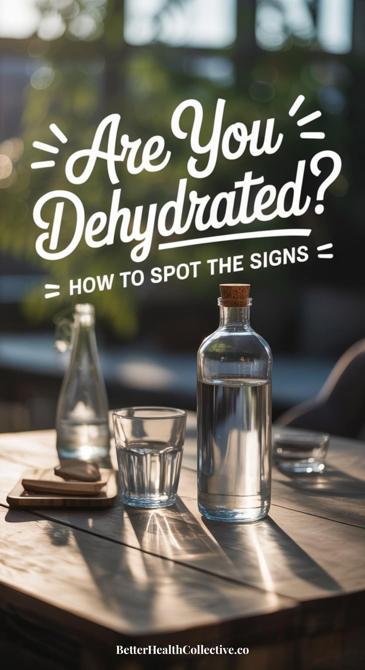 A glass and a bottle of water sit on a sunlit table with text above reading, Are you dehydrated? How to spot the signs. The scene highlights hydration and health awareness by focusing on common dehydration symptions like dry mouth.
