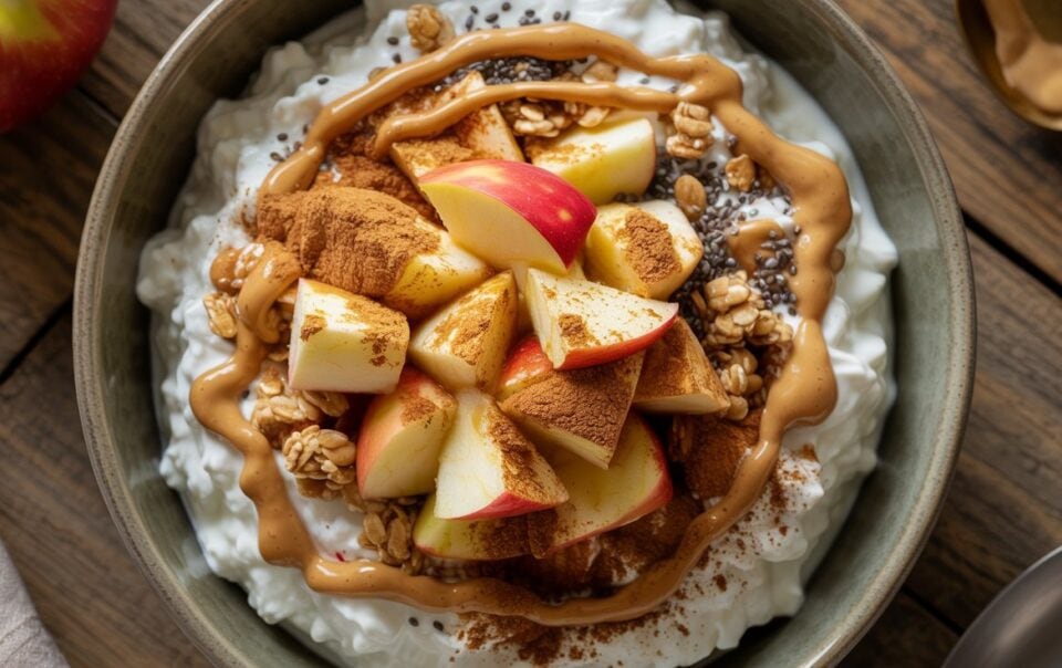 A delicious Apple Peanut Butter Cottage Cheese Bowl topped with apple slices, granola, chia seeds, and cinnamon, perfect as a high-protein breakfast or snack, set invitingly on a wooden table.
