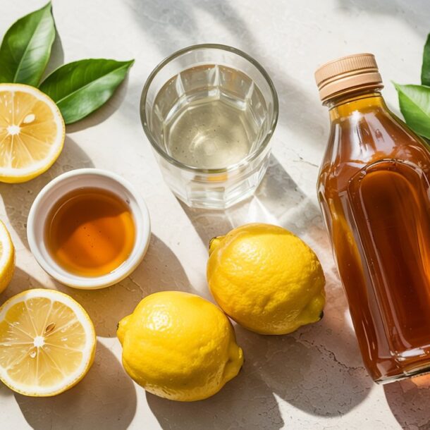 A bottle of honey, a glass of water, lemons, and green leaves are arranged on a sunlit surface—perfect ingredients for refreshing apple cider vinegar immunity shots.