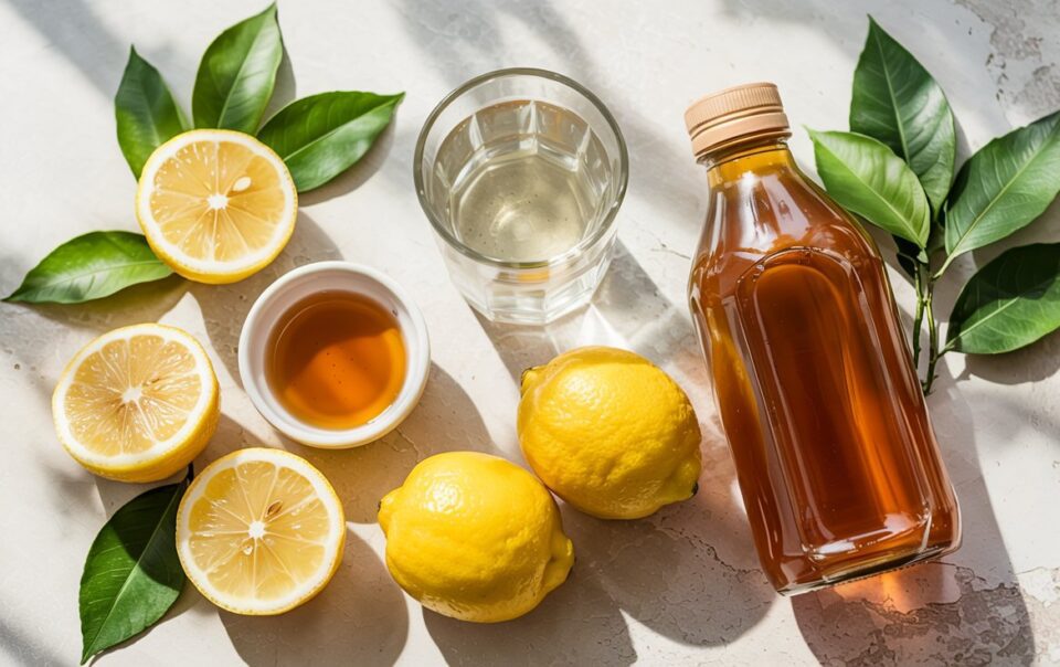 A bottle of honey, a glass of water, lemons, and green leaves are arranged on a sunlit surface—perfect ingredients for refreshing apple cider vinegar immunity shots.