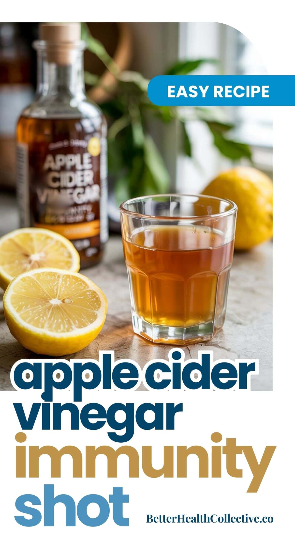 A glass of apple cider vinegar drink sits beside lemon halves, a whole lemon, and a bottle of apple cider vinegar on a table. Text reads: Easy Recipe. Apple cider vinegar immunity shots. wellnestguide.com.