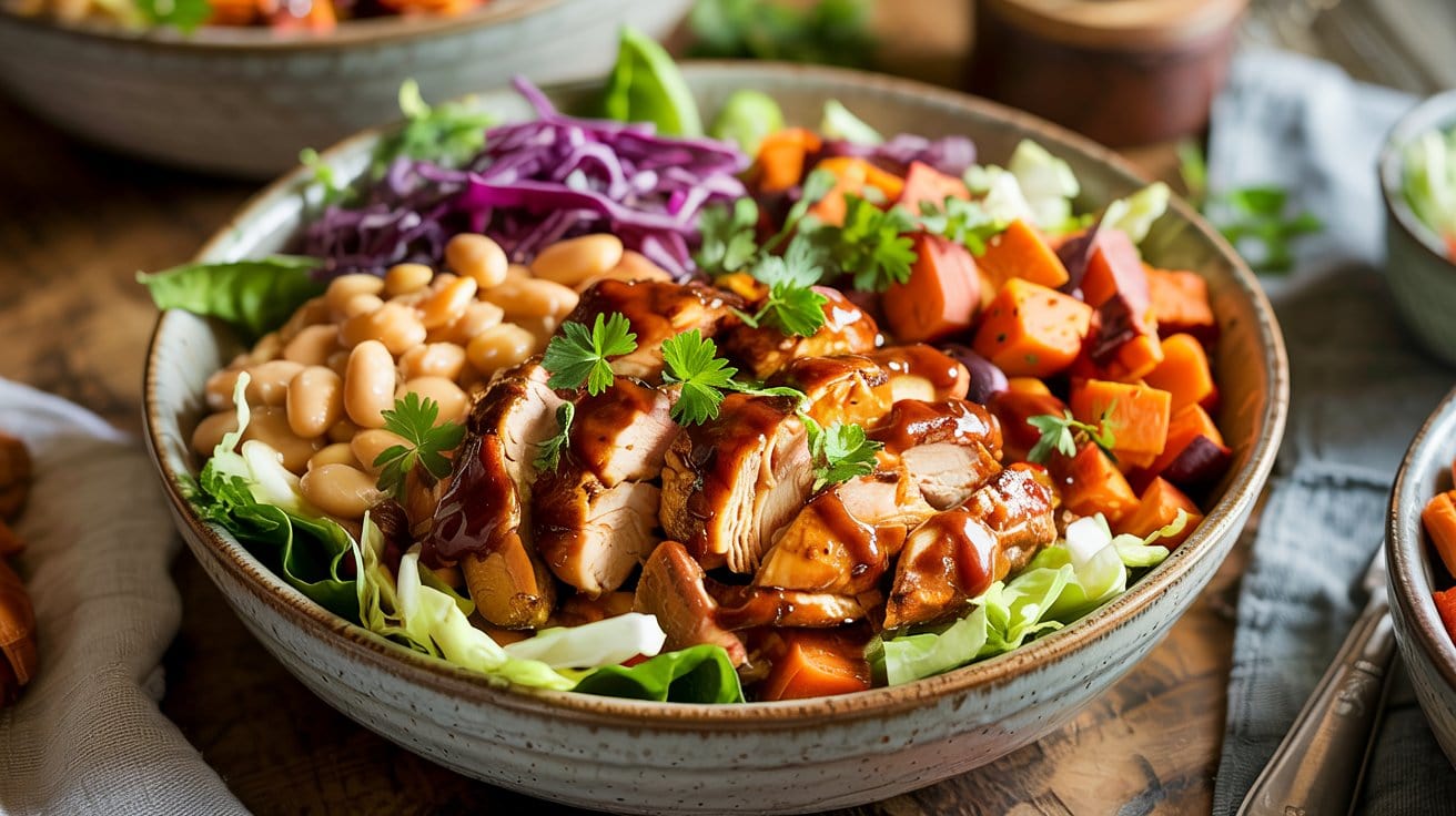 A BBQ chicken and white bean protein bowl featuring sliced grilled chicken drizzled with sauce, white beans, shredded red cabbage, roasted sweet potatoes, and fresh greens, all garnished with parsley.