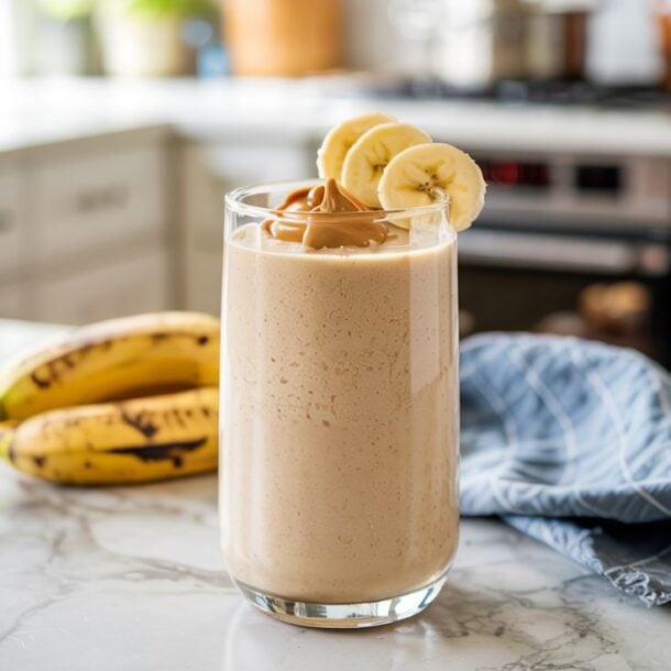 A glass of creamy banana peanut butter smoothie topped with banana slices and a dollop of peanut butter sits on a marble kitchen counter. Two ripe bananas and a blue cloth are nearby, with a bright kitchen in the background.