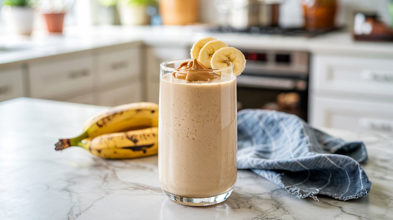A glass of creamy banana peanut butter smoothie topped with banana slices and a dollop of peanut butter sits on a marble kitchen counter. Two ripe bananas and a blue cloth are nearby, with a bright kitchen in the background.