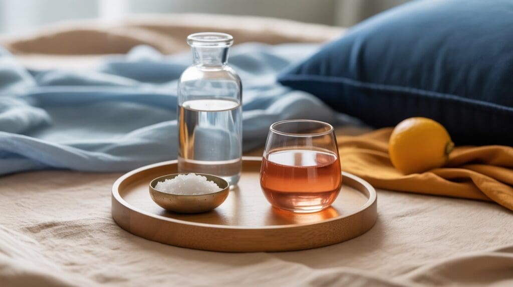 A wooden tray on a bed holds a glass of pink liquid—perhaps a Cortisol Cocktail—a glass bottle of water, and a small bowl of salt. In the background, there’s a blue pillow and a lemon on mustard yellow cloth.