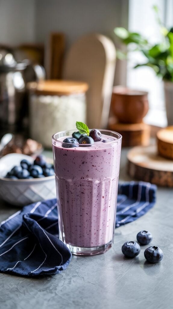 A tall glass of tasty smoothie, garnished with fresh blueberries and a mint leaf, sits on a countertop, with a blue-striped napkin and a bowl of blueberries in the background.