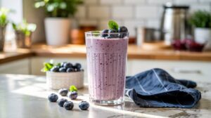 A tall glass of Blueberry Vanilla Cottage Cheese Smoothie garnished with blueberries and a mint leaf sits on a sunlit kitchen counter, surrounded by scattered berries, a small bowl of blueberries, and a folded blue napkin.