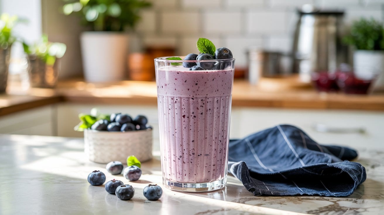 A tall glass of Blueberry Vanilla Cottage Cheese Smoothie garnished with blueberries and a mint leaf sits on a sunlit kitchen counter, surrounded by scattered berries, a small bowl of blueberries, and a folded blue napkin.
