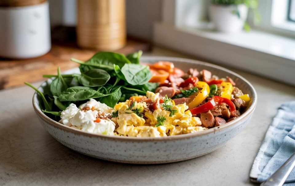 A Breakfast Protein Bowl filled with fresh spinach, scrambled eggs, cottage cheese, and sautéed sausage with colorful bell peppers sits on a kitchen counter near a window.