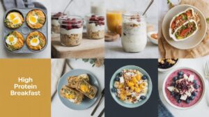 A collage of eight cheap high-protein breakfast dishes, including egg muffins, yogurt parfaits, stuffed sweet potatoes, smoothie bowls, and toast for meal prep, with the text High Protein Breakfast on a yellow background.